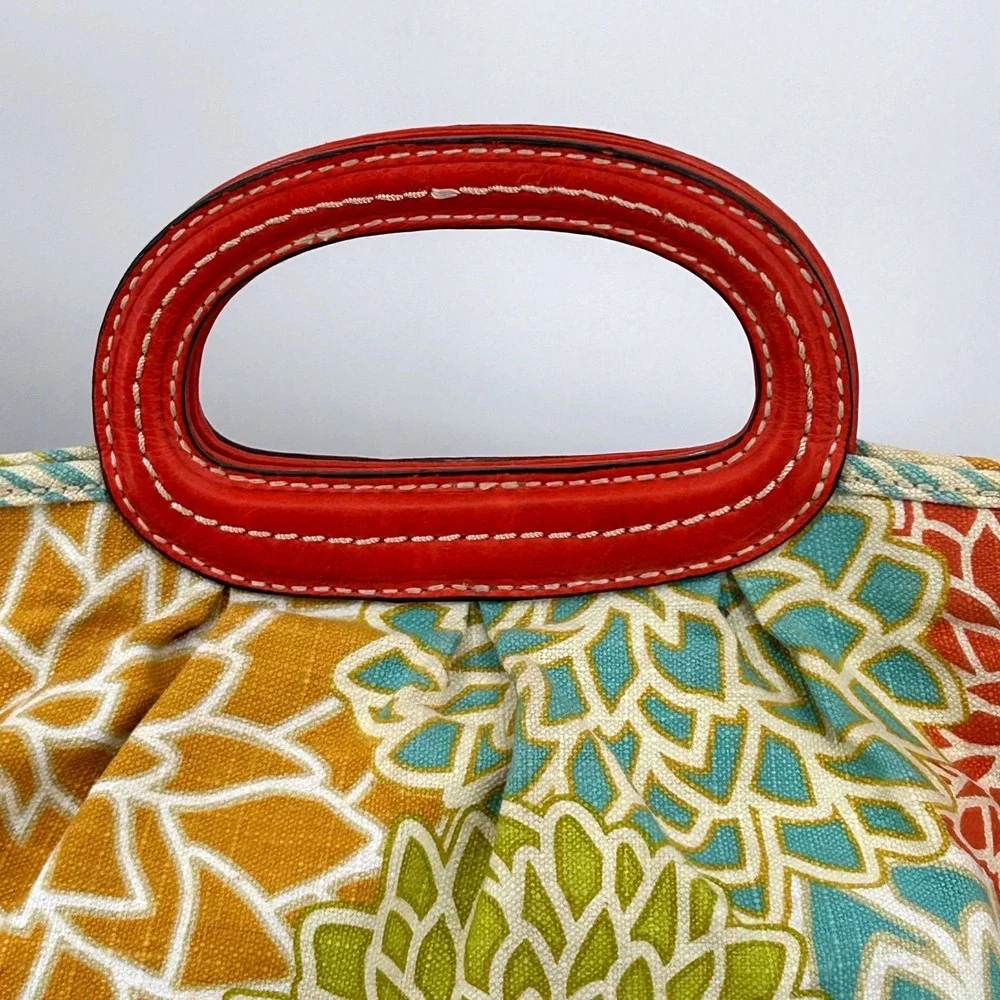 Womens Retro Floral Canvas Satchel Multicolor‎ Red Leather Trim Fossil Key-Per